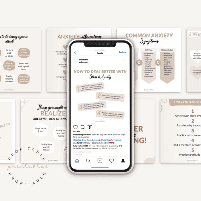 Mental Health & Anxiety Instagram Post Templates  ( 60 Ready-to-Use Posts You Can Edit, Brand, and Sell)